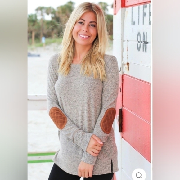 Taupe Lightweight Stretchy Sweater Elbow Patches Back Buttons Size Small - Picture 2 of 12